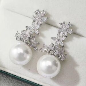 White Pearl Floral Silver Earrings
